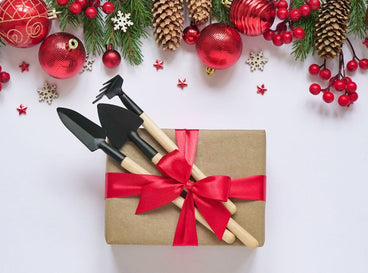 A an overhead shot of several tools and a wrapped box that shows the best gardener Christmas gifts
