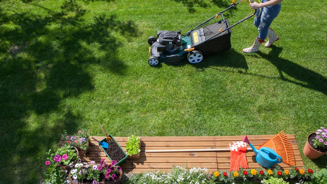 A shot of a person mowing a lawn area alongside several garden tools for spring clean up