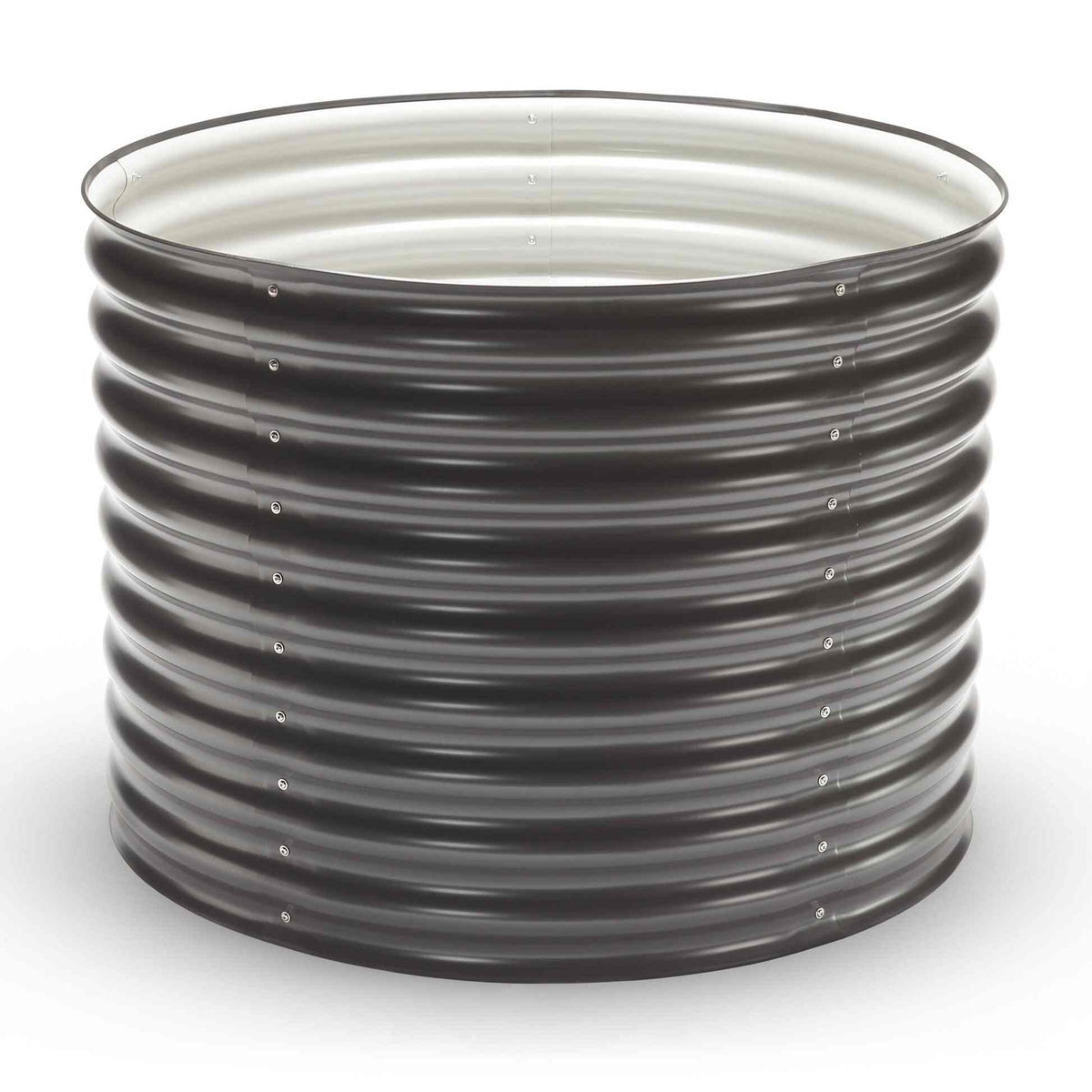 Round raised garden bed made of dark grey corrugated metal panels bolted together vertically, forming a tall open-top cylinder on a white background.