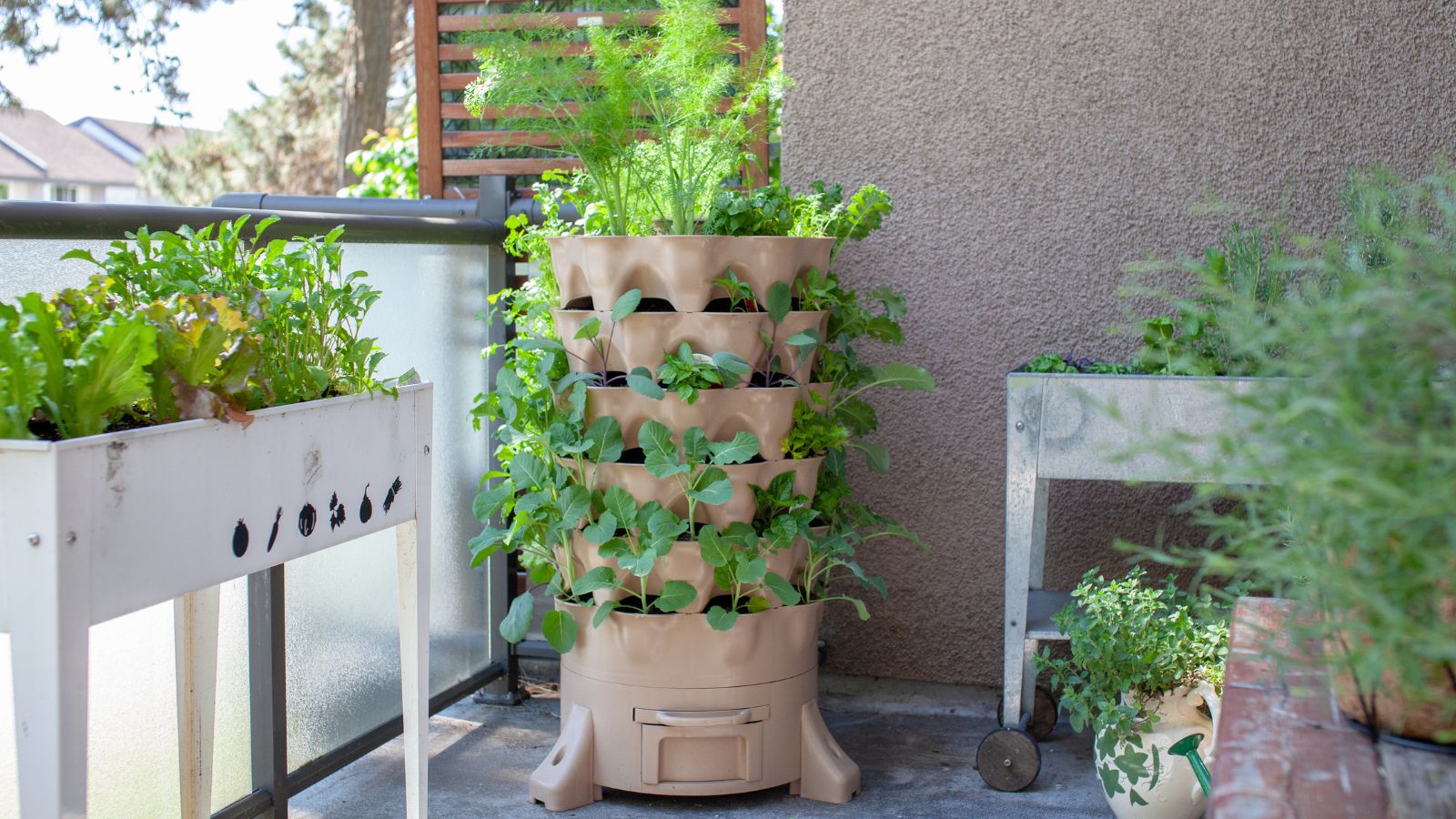 a greenstalk planter on a patio, filled with leafy greens.