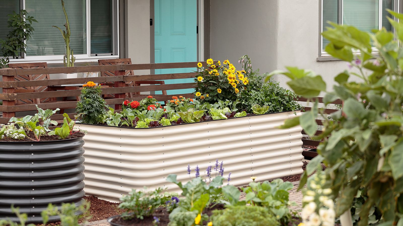 Raised metal beds placed in a garden beside each other, filled to the brim with different plants while surrounded by other greens